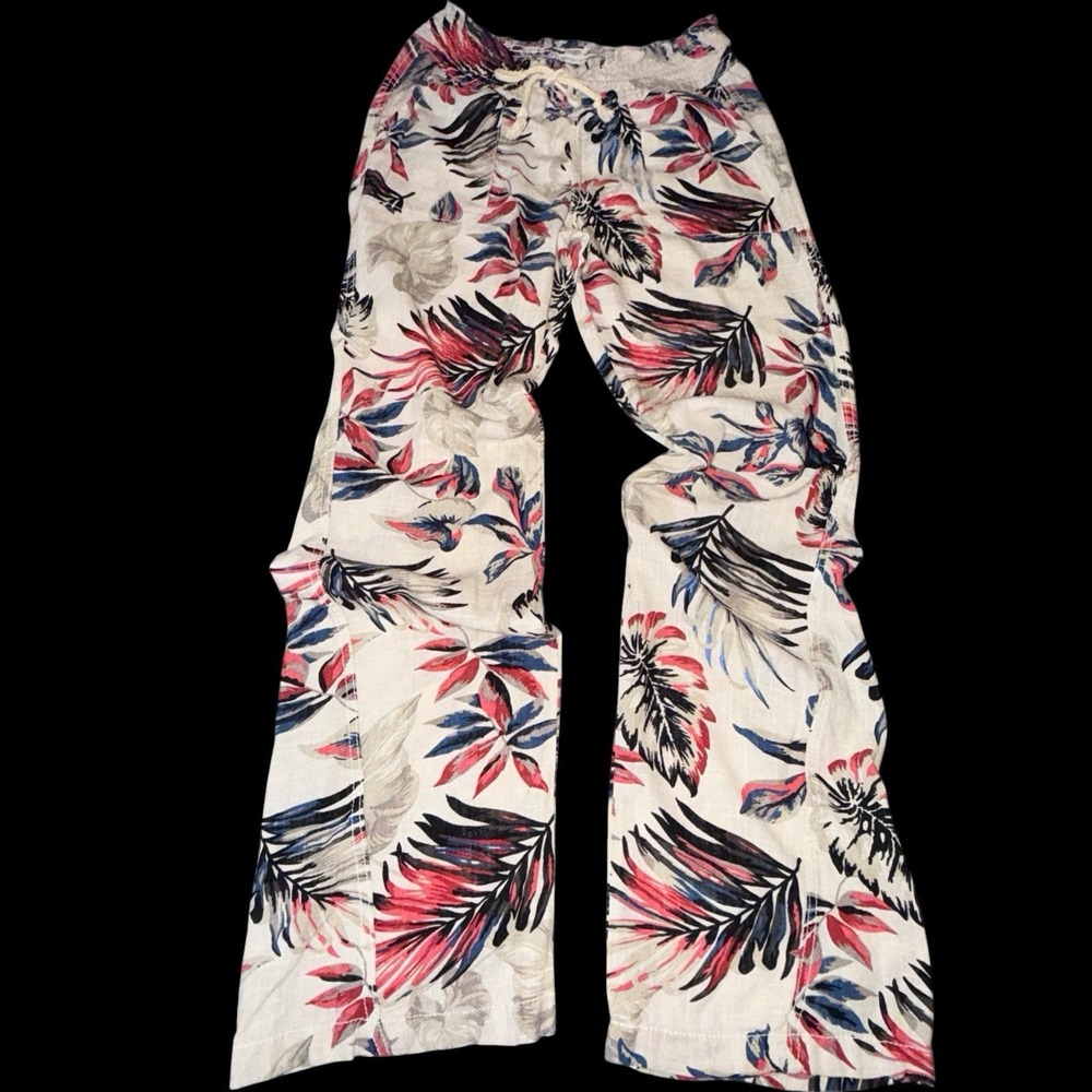 CALI 1850 Small Wide Leg Pants Cream Tropical Linen Blend Relaxed Beach Coastal